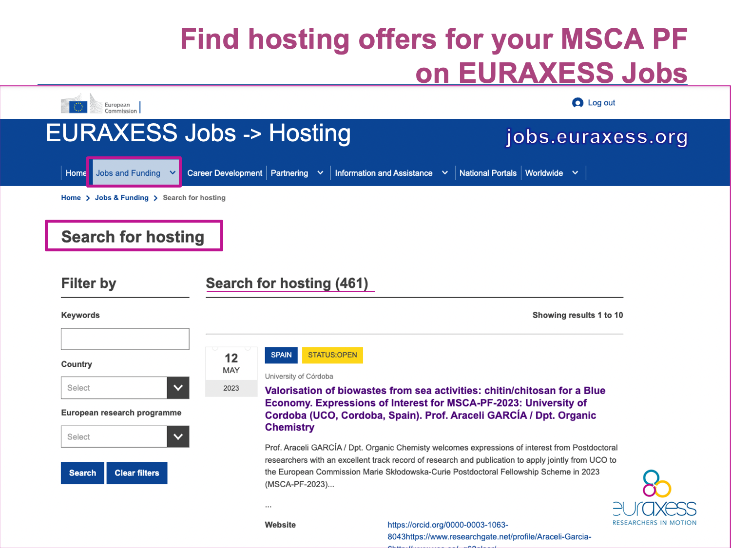 How to find MSCA PF Hosting offers on ERUAXESS Portal